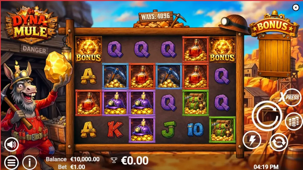 Tampilan visual slot Dyna Mule dengan tema tambang dan mekanik Wild