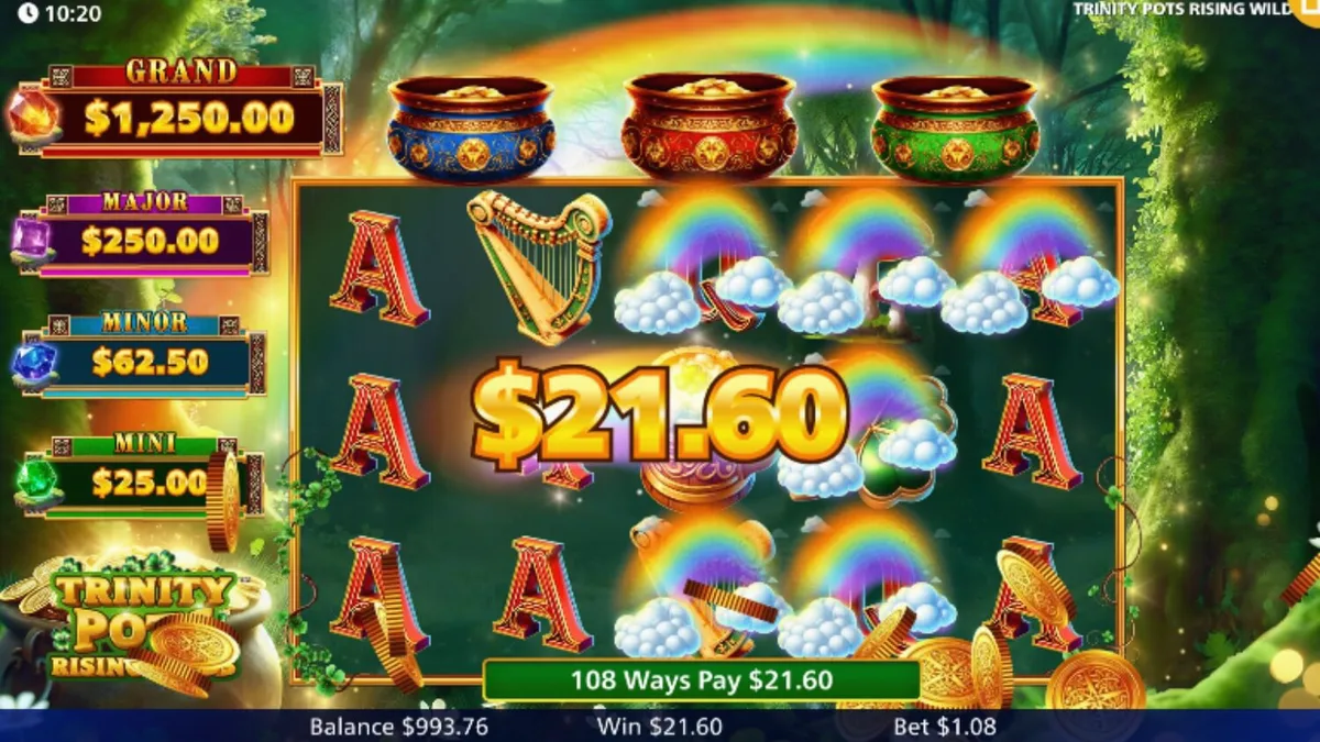 Tampilan visual slot Trinity Pots Rising Wilds dengan tema keberuntungan Irlandia.
